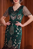 Apricot V-Neck Sheath Sequins Short Sleeves 1920s Dress with Fringes