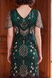 Apricot V-Neck Sheath Sequins Short Sleeves 1920s Dress with Fringes