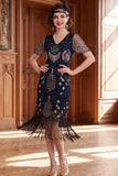 Apricot V-Neck Sheath Sequins Short Sleeves 1920s Dress with Fringes