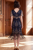Apricot V-Neck Sheath Sequins Short Sleeves 1920s Dress with Fringes