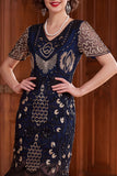 Apricot V-Neck Sheath Sequins Short Sleeves 1920s Dress with Fringes