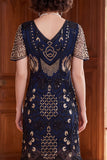 Apricot V-Neck Sheath Sequins Short Sleeves 1920s Dress with Fringes