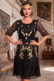 Black Golden Embroidery Sequins Round Neck Half Sleeves Midi 1920s Flapper Dress