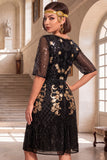 Black Golden Embroidery Sequins Round Neck Half Sleeves Midi 1920s Flapper Dress