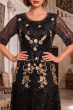 Black Golden Embroidery Sequins Round Neck Half Sleeves Midi 1920s Flapper Dress