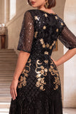 Black Golden Embroidery Sequins Round Neck Half Sleeves Midi 1920s Flapper Dress