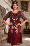 Black Golden Embroidery Sequins Round Neck Half Sleeves Midi 1920s Flapper Dress
