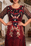 Black Golden Embroidery Sequins Round Neck Half Sleeves Midi 1920s Flapper Dress