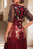 Black Golden Embroidery Sequins Round Neck Half Sleeves Midi 1920s Flapper Dress