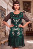 Black Golden Embroidery Sequins Round Neck Half Sleeves Midi 1920s Flapper Dress