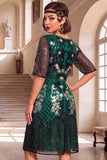 Black Golden Embroidery Sequins Round Neck Half Sleeves Midi 1920s Flapper Dress