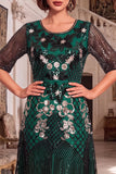Black Golden Embroidery Sequins Round Neck Half Sleeves Midi 1920s Flapper Dress