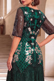 Black Golden Embroidery Sequins Round Neck Half Sleeves Midi 1920s Flapper Dress