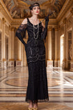 Black Cold Shoulder Tulle Sheath Beaded Sequins 1920s Dress with Fringes