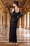 Black Cold Shoulder Tulle Sheath Beaded Sequins 1920s Dress with Fringes