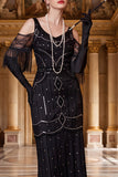 Black Cold Shoulder Tulle Sheath Beaded Sequins 1920s Dress with Fringes