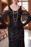 Black Cold Shoulder Tulle Sheath Beaded Sequins 1920s Dress with Fringes
