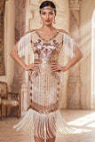 Apricot Sequins V-Neck Sheath Midi 1920s Flapper Dress with Fringes