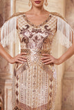 Apricot Sequins V-Neck Sheath Midi 1920s Flapper Dress with Fringes