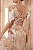 Apricot Sequins V-Neck Sheath Midi 1920s Flapper Dress with Fringes