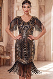 Apricot Sequins V-Neck Sheath Midi 1920s Flapper Dress with Fringes