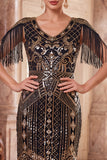 Apricot Sequins V-Neck Sheath Midi 1920s Flapper Dress with Fringes