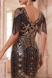 Apricot Sequins V-Neck Sheath Midi 1920s Flapper Dress with Fringes