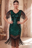 Apricot Sequins V-Neck Sheath Midi 1920s Flapper Dress with Fringes