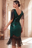 Apricot Sequins V-Neck Sheath Midi 1920s Flapper Dress with Fringes