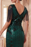 Apricot Sequins V-Neck Sheath Midi 1920s Flapper Dress with Fringes