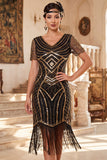 Black V-Neck Sequins Beaded Short Sleeves 1920s Dress with Fringes
