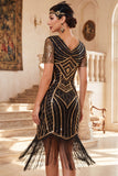Black V-Neck Sequins Beaded Short Sleeves 1920s Dress with Fringes