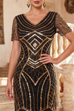 Black V-Neck Sequins Beaded Short Sleeves 1920s Dress with Fringes