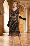 Black V-Neck Sequins Beaded Short Sleeves 1920s Dress with Fringes