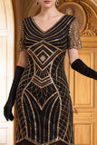 Black V-Neck Sequins Beaded Short Sleeves 1920s Dress with Fringes