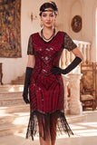 Black V-Neck Sequins Beaded Short Sleeves 1920s Dress with Fringes