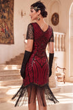 Black V-Neck Sequins Beaded Short Sleeves 1920s Dress with Fringes