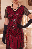 Black V-Neck Sequins Beaded Short Sleeves 1920s Dress with Fringes