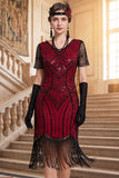 Black V-Neck Sequins Beaded Short Sleeves 1920s Dress with Fringes
