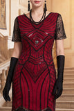 Black V-Neck Sequins Beaded Short Sleeves 1920s Dress with Fringes