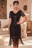 Black V-Neck Sequins Beaded Short Sleeves 1920s Dress with Fringes