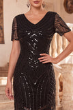 Black V-Neck Sequins Beaded Short Sleeves 1920s Dress with Fringes