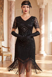 Black V-Neck Sequins Beaded Short Sleeves 1920s Dress with Fringes