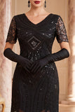 Black V-Neck Sequins Beaded Short Sleeves 1920s Dress with Fringes