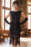 Dark Green Round Neck Beaded Sequins Cap Sleeves 1920s Dress with Fringes