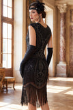 Dark Green Round Neck Beaded Sequins Cap Sleeves 1920s Dress with Fringes