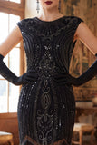 Dark Green Round Neck Beaded Sequins Cap Sleeves 1920s Dress with Fringes