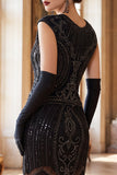 Dark Green Round Neck Beaded Sequins Cap Sleeves 1920s Dress with Fringes