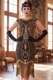 Dark Green Round Neck Beaded Sequins Cap Sleeves 1920s Dress with Fringes