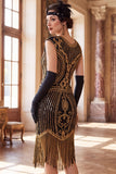 Dark Green Round Neck Beaded Sequins Cap Sleeves 1920s Dress with Fringes
